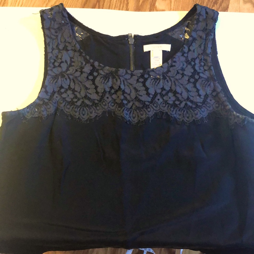 100% silk black sleeveless top w lace neckline detail, JCrew retail, sz 0, EUC
